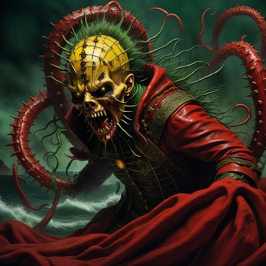  nautical themed demon hellraiser bloodsucker pretends to be a saint wrapped in a red blanket of wounds strewn with spines of blades mucus in yellow and green smoke fire and sparks of tentacle ring claws scream and horror . sea, ocean, ships, maritime, beach, marine life, highly detailed