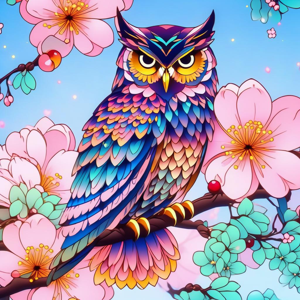  gothic style ((an owl sits surrounded by large cherry blossoms)) . (colours):pink, white pink, gold, green, light green, dark green, blue, dark purple, black. (style):fantasy, fairy tale, cartoon, gothic, tranquility, wisdom, mystery, mystery. . dark, mysterious, haunting, dramatic, ornate, detailed, civitai, hkmagic hyperrealistic, full body, detailed clothing, highly detailed, cinematic lighting, stunningly beautiful, intricate, sharp focus, f/1. 8, 85mm, (centered image composition), (professionally color graded), ((bright soft diffused light)), volumetric fog, trending on instagram, trending on tumblr, HDR 4K, 8K