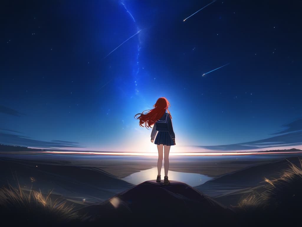  red hair, student, long hair, green eyes, back, uyuni salt lake, night, sailor suit, 1 person, starry sky, whole body, flow star, meteor shower