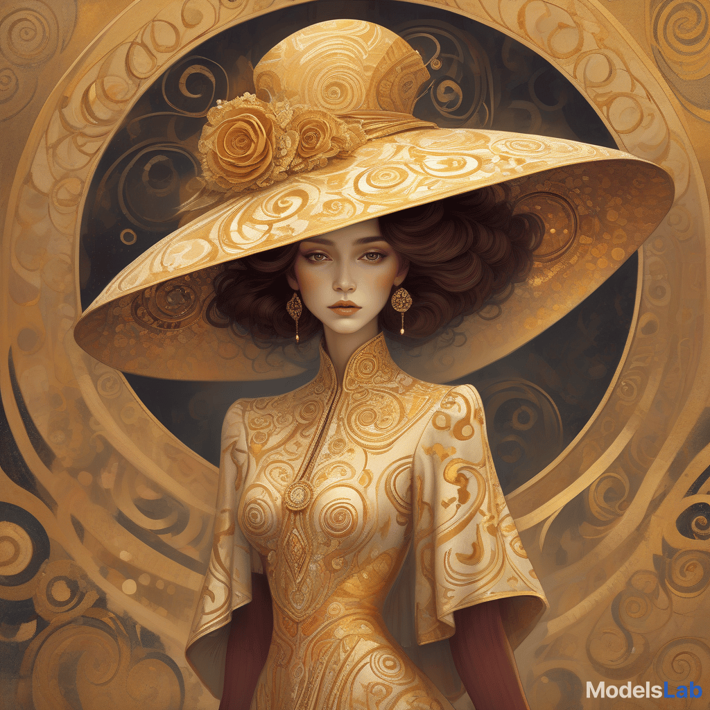  concept art a woman with large, ornate hat and detailed garment in a style reminiscent of gustav klimt's artwork, featuring golden swirls and patterns. woman with a big elegant hat and modest dress with different colours style klimt. warm colours. . digital artwork, illustrative, painterly, matte painting, highly detailed