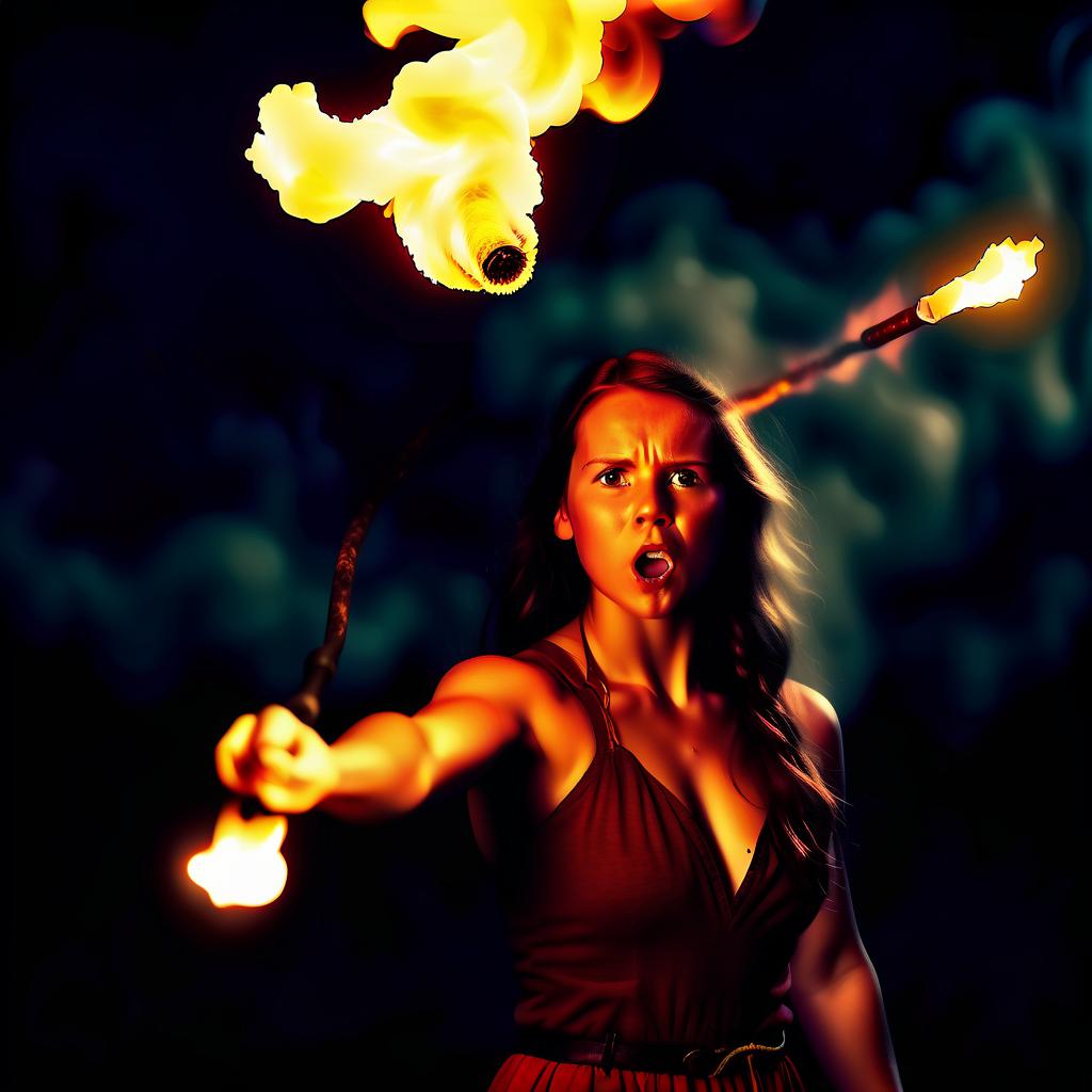  cinematic film still the girl is doing a fire show. fire breather . there is a torch in his hand. lightning strikes all around . shallow depth of field, vignette, highly detailed, high budget, bokeh, cinemascope, moody, epic, gorgeous, film grain, grainy