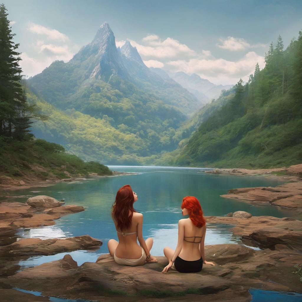  ethereal fantasy concept art of three red headed girls kissing in the river under the mountains not wearing any clothes exposing their privates. magnificent, celestial, ethereal, painterly, epic, majestic, magical, fantasy art, cover art, dreamy