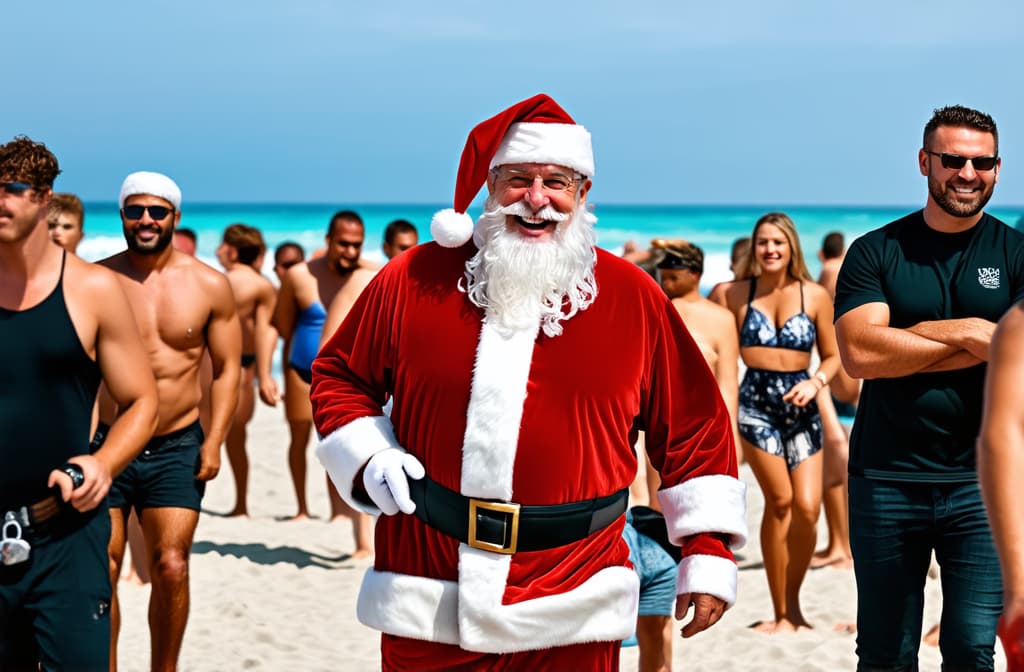  professional detailed photography, happy smiling santa claus enjoying walk in the crowded tropical beach ar 3:2, (muted colors, dim colors, soothing tones), (vsco:0.3)