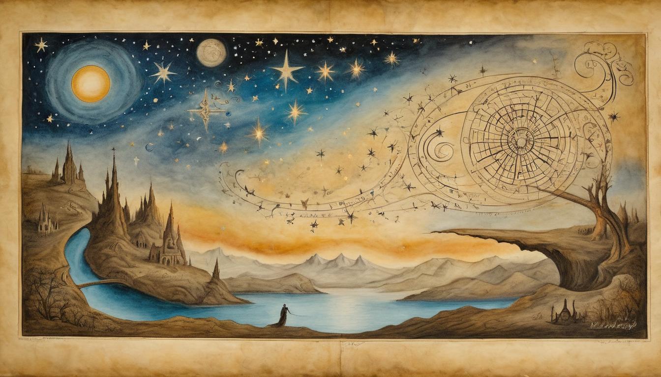  on parchment, surrealism++, glowing bridge between two realms, stars and cosmic patterns, mystical and transcendental atmosphere(mysterious, provocative, symbolic)++