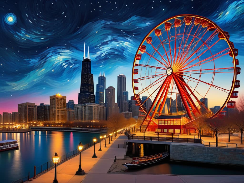  concept art chicago’s centennial ferris wheel, chicago’s navy pier, van gogh's starry starry night with colorful red and orange swirls in the beautiful night sky, chicago skyline with colorful van gogh swirls in the sky, hyper realistic, chicago skyline, mesmerizing, intricate details, flambient golden and red sunrise, dramatic lighting, epic composition, wide angle, cinematic, masterpiece, high resolution, sharp details, best quality, 4k, raw photo, van gogh influence, studio lighting, impressionist, bold colors, starry sky, architectural elements, medium format lens, high angle, cityscape, city life, metropolitan, van gogh's brushstrokes, van gogh's shadows, van gogh's colors, van gogh's textures, nighttime, city scene, streets, night