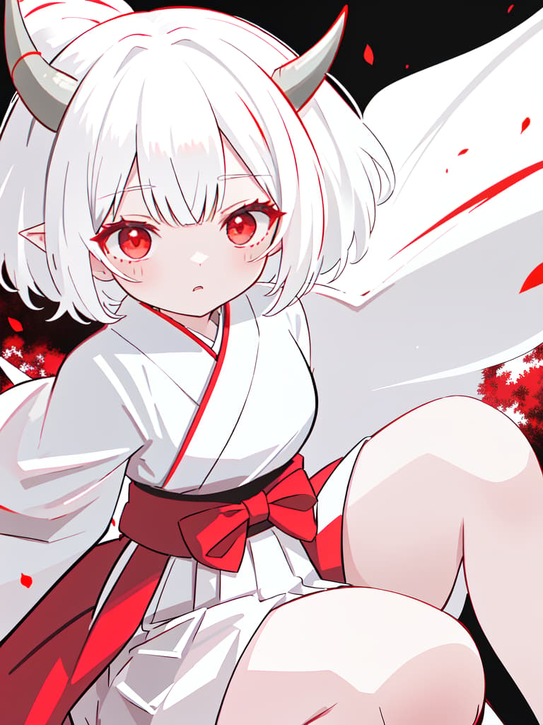  there are horns, girls, sharp ears, hakama, hanging, short hair, white hair, dragon's daughter, red and white hakama, red eyes, black horns, masterpiece, best quality,8k,ultra detailed,high resolution,an extremely delicate and beautiful,hyper detail