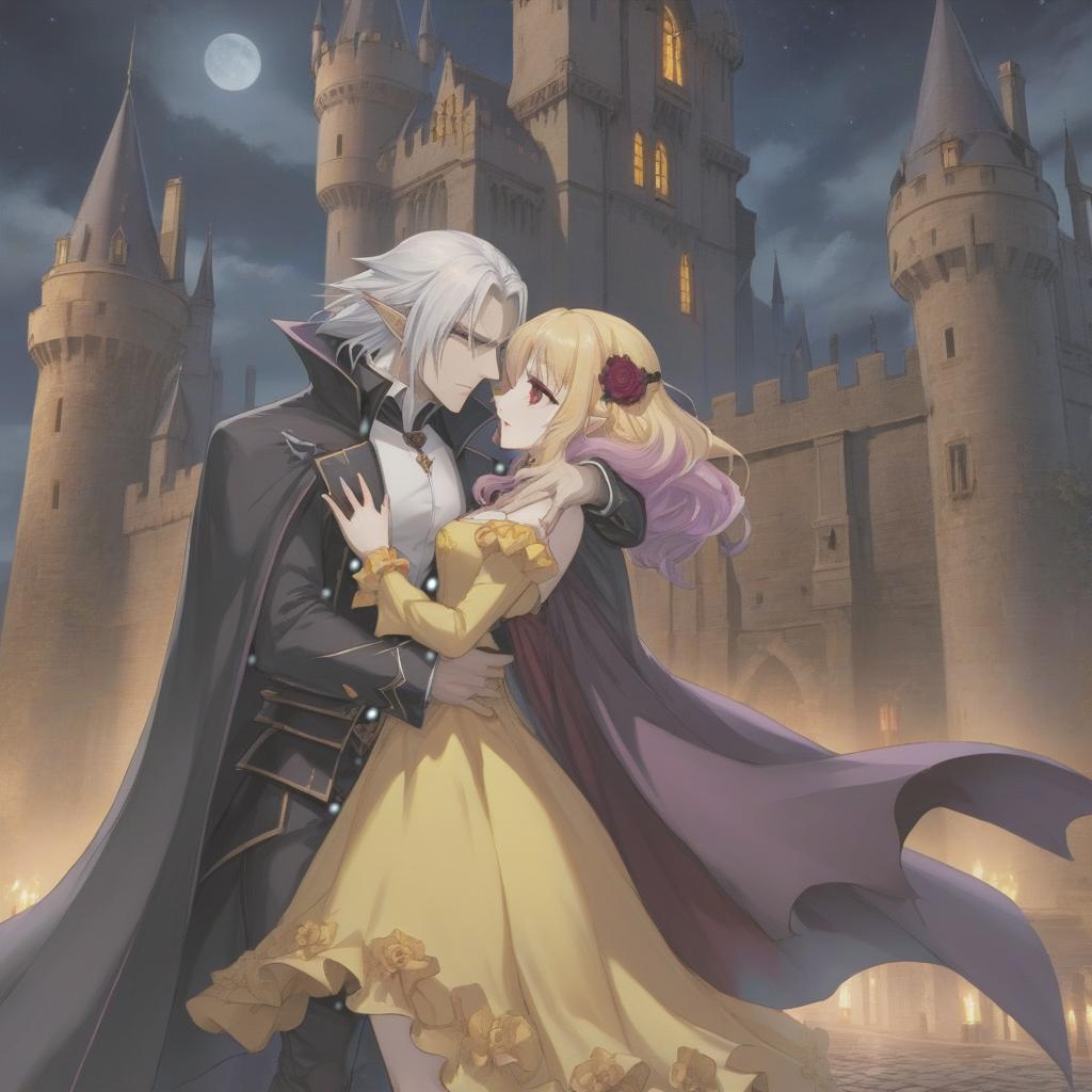  anime art, a vampire couple in love, against the background of a gothic castle at night, a guy with long white hair and purple eyes, a girl with short red hair and yellow eyes, she's in a dress, guy hugs her waist from behind hyperrealistic, full body, detailed clothing, highly detailed, cinematic lighting, stunningly beautiful, intricate, sharp focus, f/1. 8, 85mm, (centered image composition), (professionally color graded), ((bright soft diffused light)), volumetric fog, trending on instagram, trending on tumblr, HDR 4K, 8K