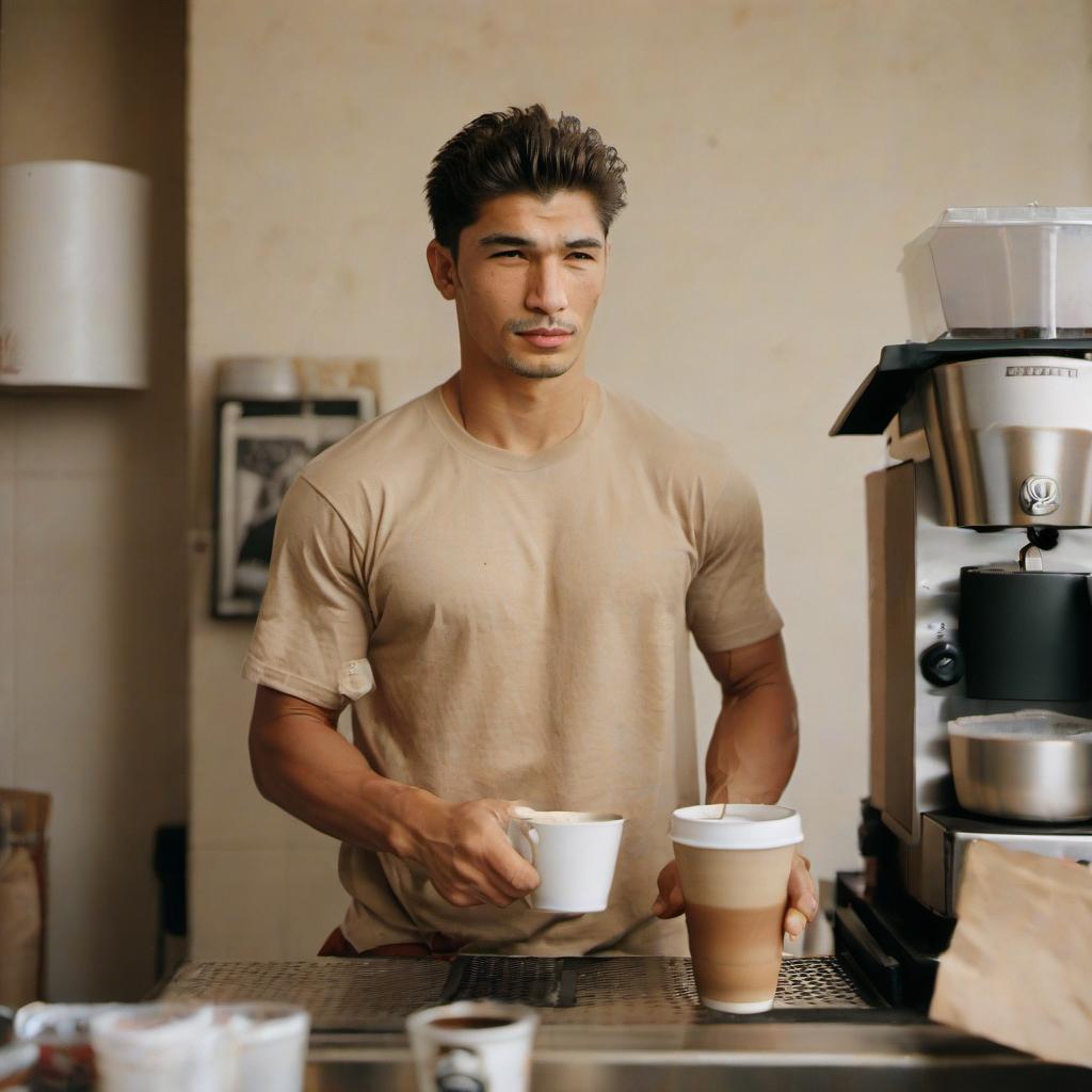  batista is a young guy making coffee, a photo in brown, beige, a guy in a t shirt, film photography style