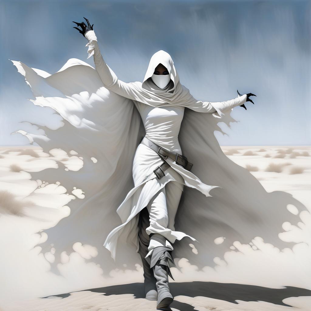  macabre style fantasy girl in a white mask on a black face, in a white, in a white rag, leaky cloak, in white gloves. black and steel buckle on his chest. . dark, gothic, grim, haunting, highly detailed