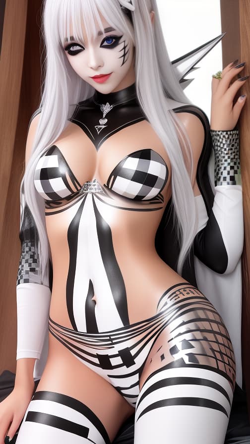  Chessboard check body paint in every corner of the body, Silver body paint all over the body,White face paint on the face, Dark elf 女の子