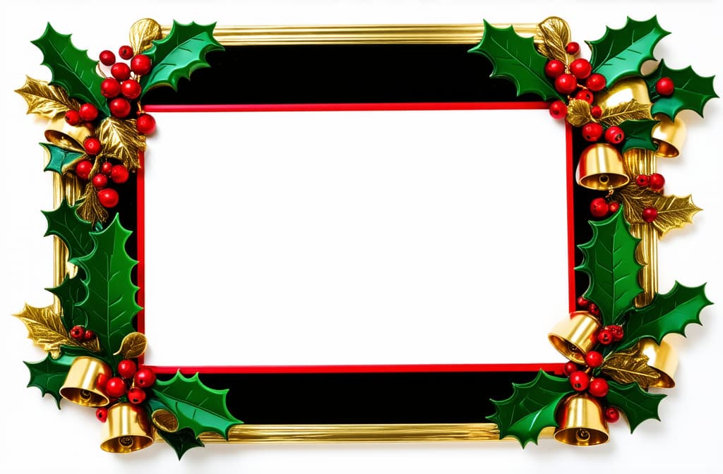  professional detailed photography, overhead view of a christmas style picture frame adorned with holly leaves red berries and golden bells featuring a festive red and green border isolated on a white background ar 3:2, (muted colors, dim colors, soothing tones), (vsco:0.3)