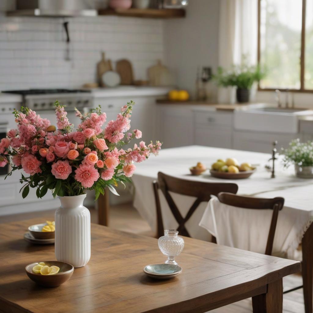  isometric style rustic kitchen, wooden table with a tablecloth, ceramic vase with pink flowers on the table . vibrant, beautiful, crisp, detailed, ultra detailed, intricate hyperrealistic, full body, detailed clothing, highly detailed, cinematic lighting, stunningly beautiful, intricate, sharp focus, f/1. 8, 85mm, (centered image composition), (professionally color graded), ((bright soft diffused light)), volumetric fog, trending on instagram, trending on tumblr, HDR 4K, 8K