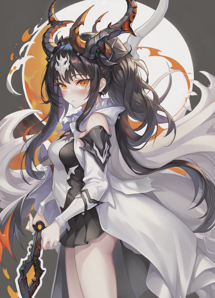  anime artwork demon woman, white skin. orange eyes, black hair, white horns, black clothes . anime style, key visual, vibrant, studio anime, highly detailed, sticker