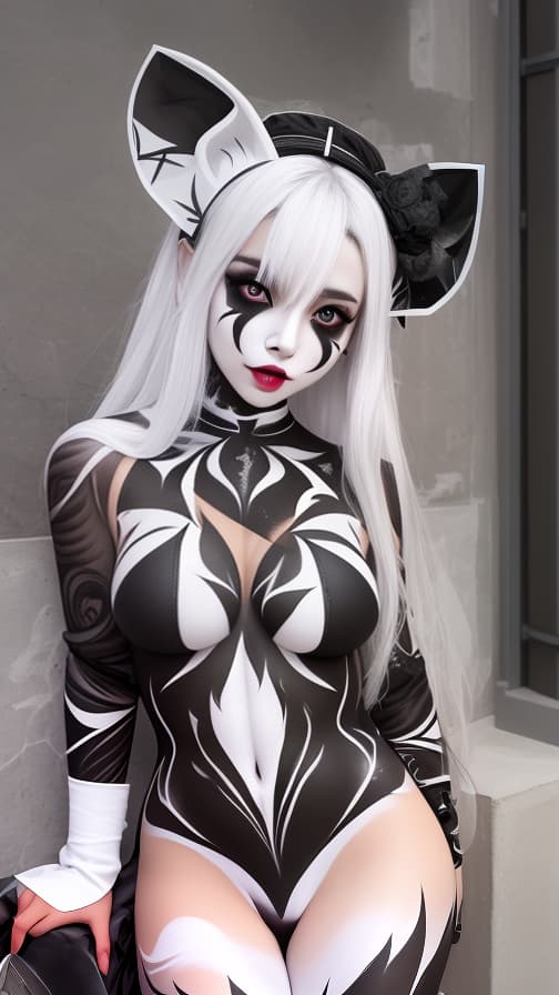  White bat pattern body paint in every corner of the body, Black body paint all over the body, Grey face paint on the face, Two dark elf sisters, full body image 女性