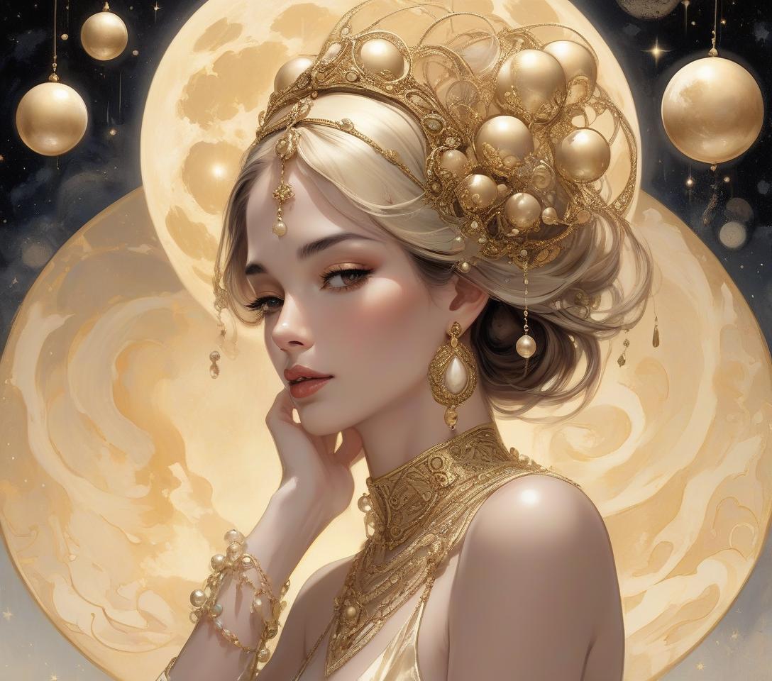  an elegant woman adorned with a sophisticated headpiece featuring gold orbs and swirling beige accents against a lunar backdrop. photo mage, searching for non obvious connections happiness is realized only after it has already happened, happiness is always in the past. happiness can only be remembered! in the style of dan quintana