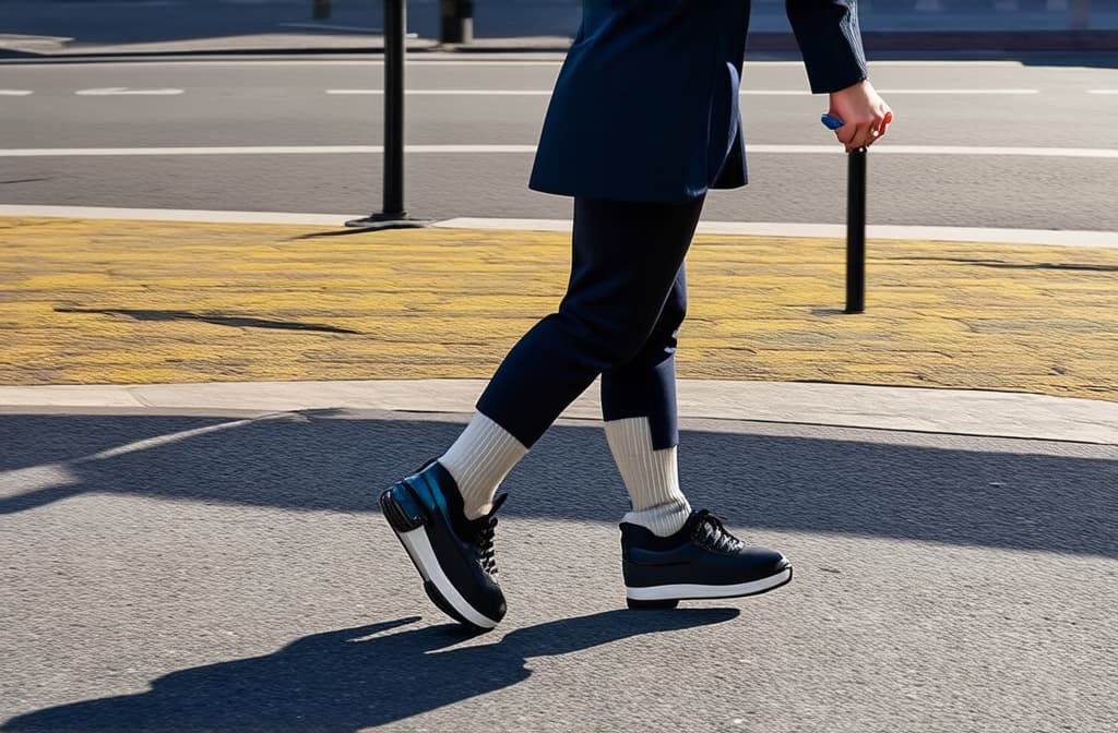  woman with prosthetic leg walking on city sidewalk. pictogram illustration style ar 3:2 {prompt}, maximum details