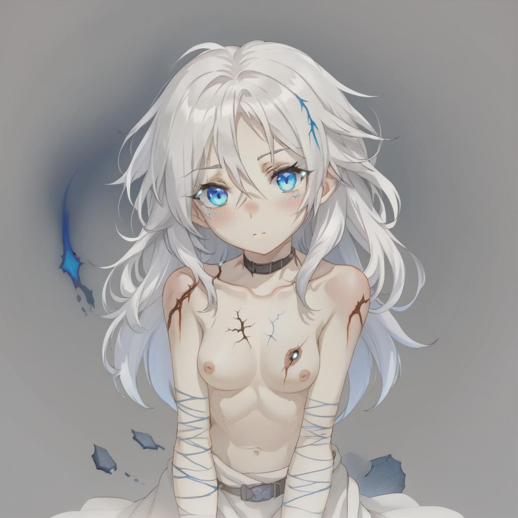  white haired girl with burns and scars with blue eyes