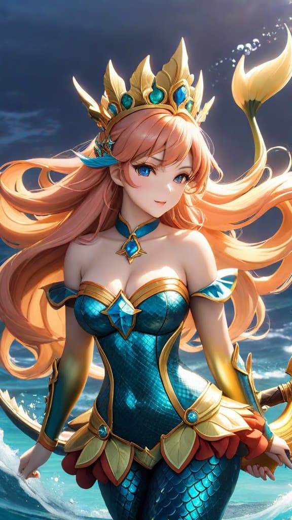  anime art: shirahoshi as poseidon, mermaid princess of fish man island commanding sea kings. hyperrealistic, full body, detailed clothing, highly detailed, cinematic lighting, stunningly beautiful, intricate, sharp focus, f/1. 8, 85mm, (centered image composition), (professionally color graded), ((bright soft diffused light)), volumetric fog, trending on instagram, trending on tumblr, HDR 4K, 8K