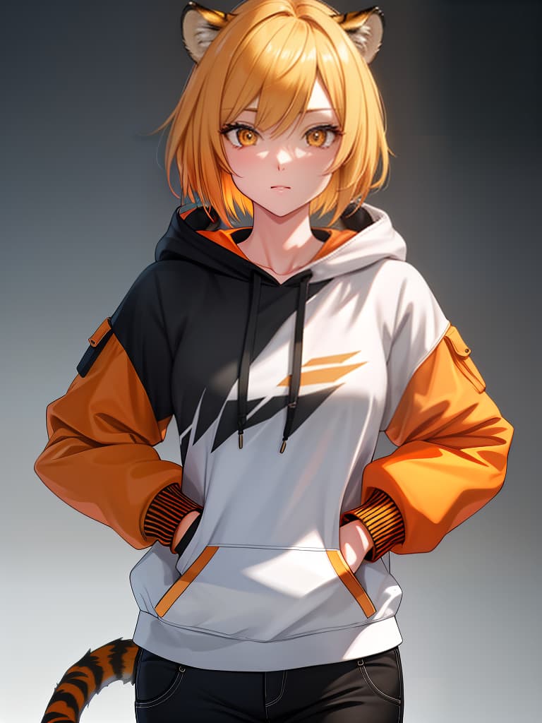  short bob, boyish, hoodie, upper body only, skinny pants, orange eye, women, tiger, blonde, diagonally down, masterpiece, best quality,8k,ultra detailed,high resolution,an extremely delicate and beautiful,hyper detail hyperrealistic, full body, detailed clothing, highly detailed, cinematic lighting, stunningly beautiful, intricate, sharp focus, f/1. 8, 85mm, (centered image composition), (professionally color graded), ((bright soft diffused light)), volumetric fog, trending on instagram, trending on tumblr, HDR 4K, 8K