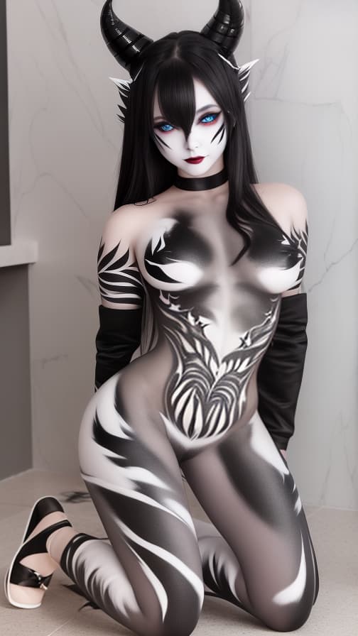  Black and White flame pattern body paint in every corner of the whole body, Grey body paint full body, Grey face paint on the face, two succubus sisters, full body image 女性