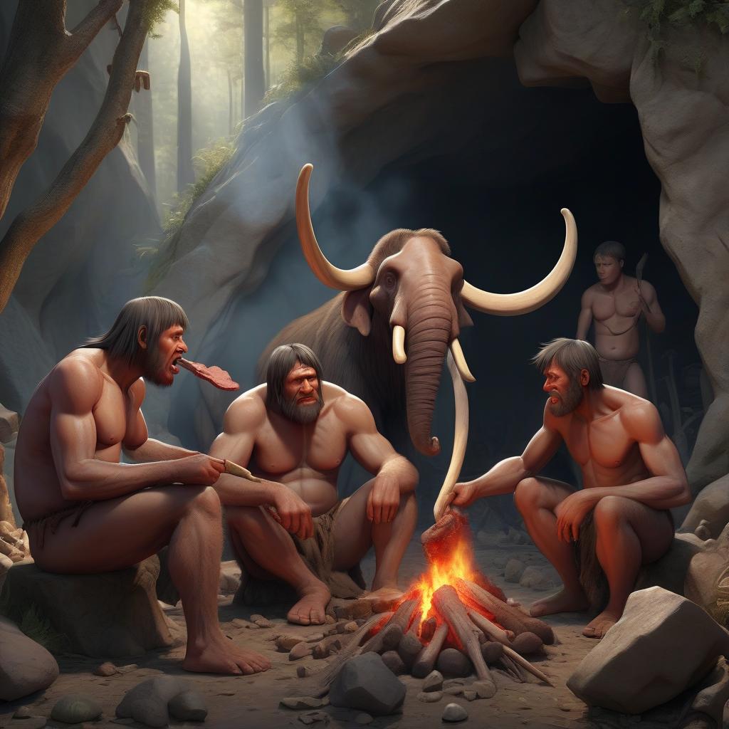  primitive people eat mammoth meat sitting by a fire in the forest next to the cave.