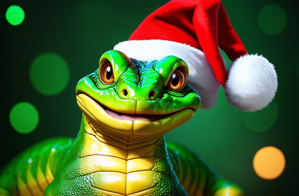  epic realistic, hyperdetailed, (cycles render:1.3), caustics, (glossy:0.58), (artstation:0.82),green funny smiling snake in red santa claus hat on bokeh background ar 3:2