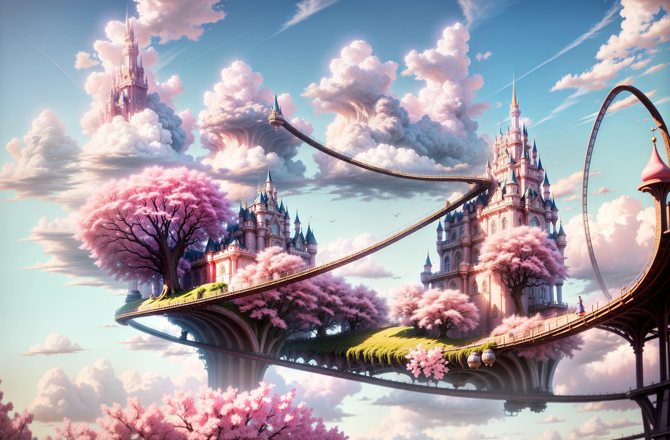  (front view:1.5),mid shot,romantic,mhxy,cloud,scenery,sky,outdoors,no humans,tree,blue sky,day,bird,bridge,cloudy sky,fantasy,cherry blossoms,cityscape,building,(pink disney castle),8k,best picture quality,blender,camera 4d,octance rendering,supplementary picture,(fairytale)