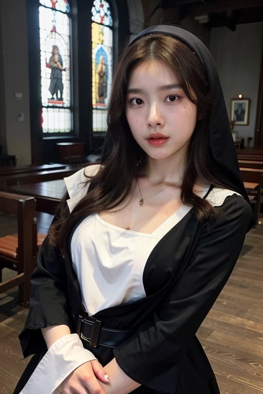  korean + japanese idol with brown hair, wearing a black nun&#39;s outfit, bare ed, no , showing s, beautiful face, white skin, small s, posing , in a church with colorful gl, movie tone. , advertising photo,high quality, good proportion, masterpiece , the image is captured with an 8k camera