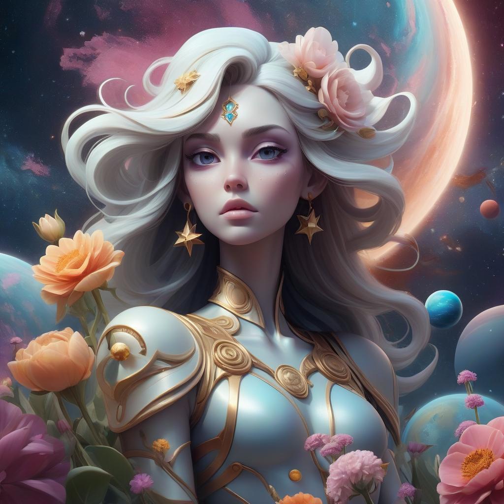  ethereal fantasy concept art of mode show, podium on the background of a cosmic theme with flowers planets stars galaxy and universe . magnificent, celestial, ethereal, painterly, epic, majestic, magical, fantasy art, cover art, dreamy