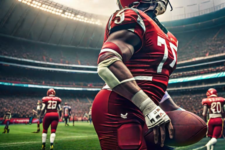  football player hyperrealistic, full body, detailed clothing, highly detailed, cinematic lighting, stunningly beautiful, intricate, sharp focus, f/1. 8, 85mm, (centered image composition), (professionally color graded), ((bright soft diffused light)), volumetric fog, trending on instagram, trending on tumblr, HDR 4K, 8K