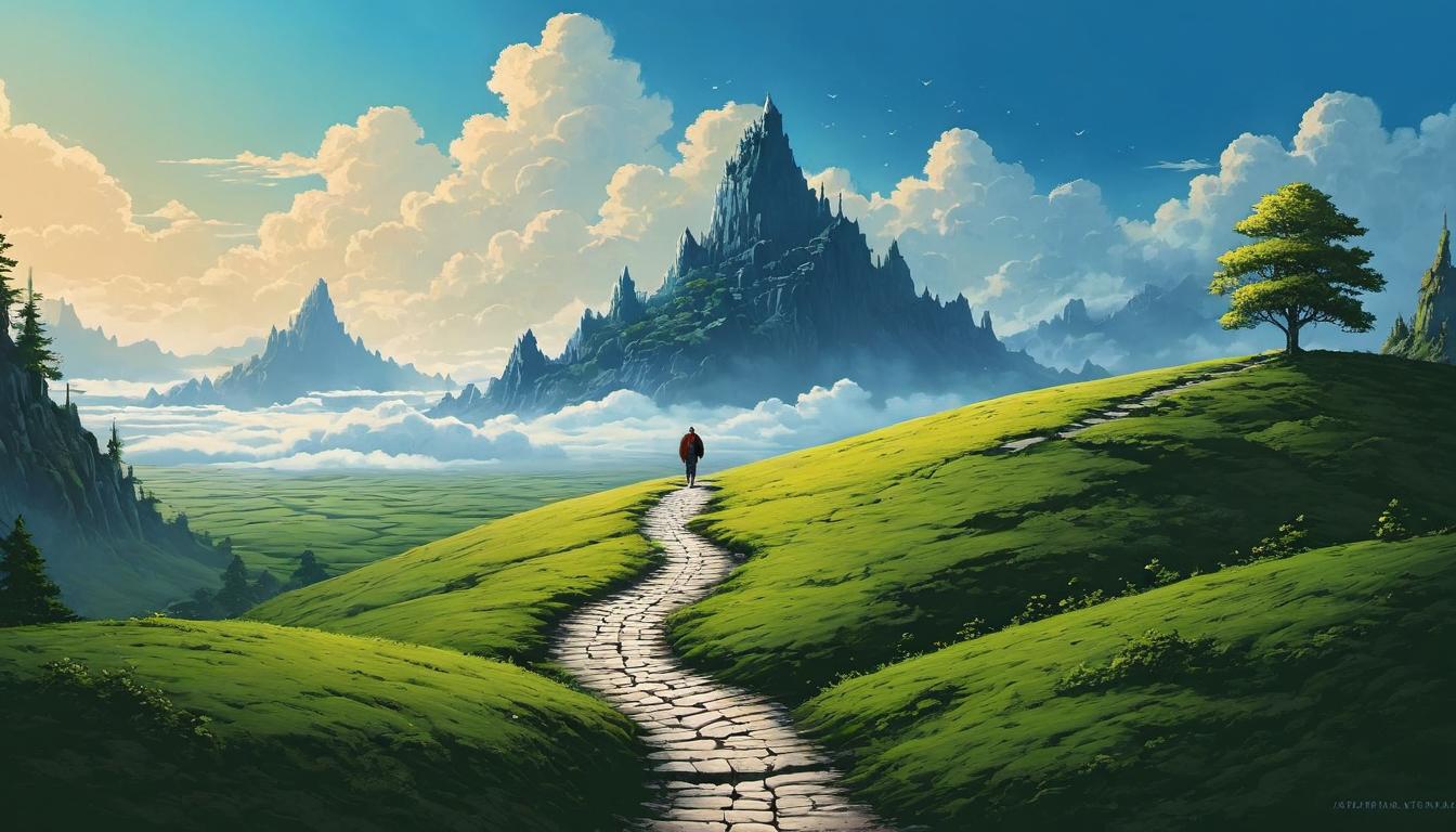  （surrealism)a person walking down a unique path, vibrant landscape, path less taken, distinct footprints, serene ambiance, sense of journey, individuality, clear skies mystic, intricate details, best quality)