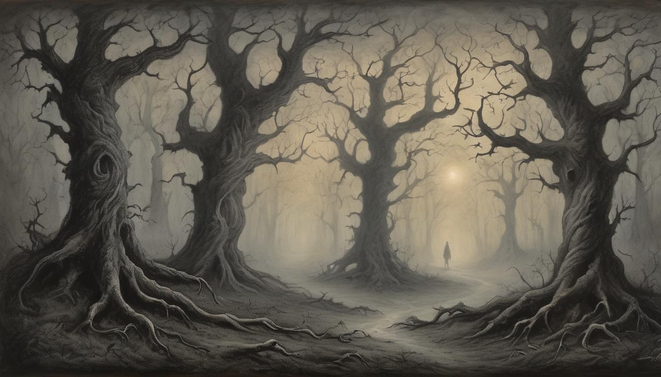  on parchment, surrealism++, dark forest at twilight, ancient twisted trees, ground covered with mist, haunting atmosphere(mysterious, provocative, symbolic)++