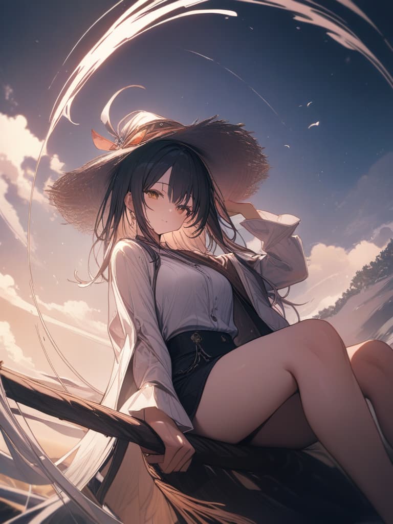  witch, girl, hat, hair fluttering, flying in the sky, sitting on a broom, riding on a broom, holding down the hat by hand, masterpiece, best quality,8k,ultra detailed,high resolution,an extremely delicate and beautiful,hyper detail