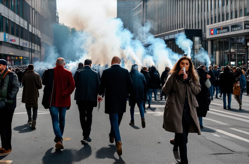  professional detailed photography, many people rush to work in the morning, the street is filled with people near the metro, everyone smokes vapes, there is thick smog in the air from smoking, every person smokes a vape with smoke ar 3:2, (muted colors, dim colors, soothing tones), (vsco:0.3)