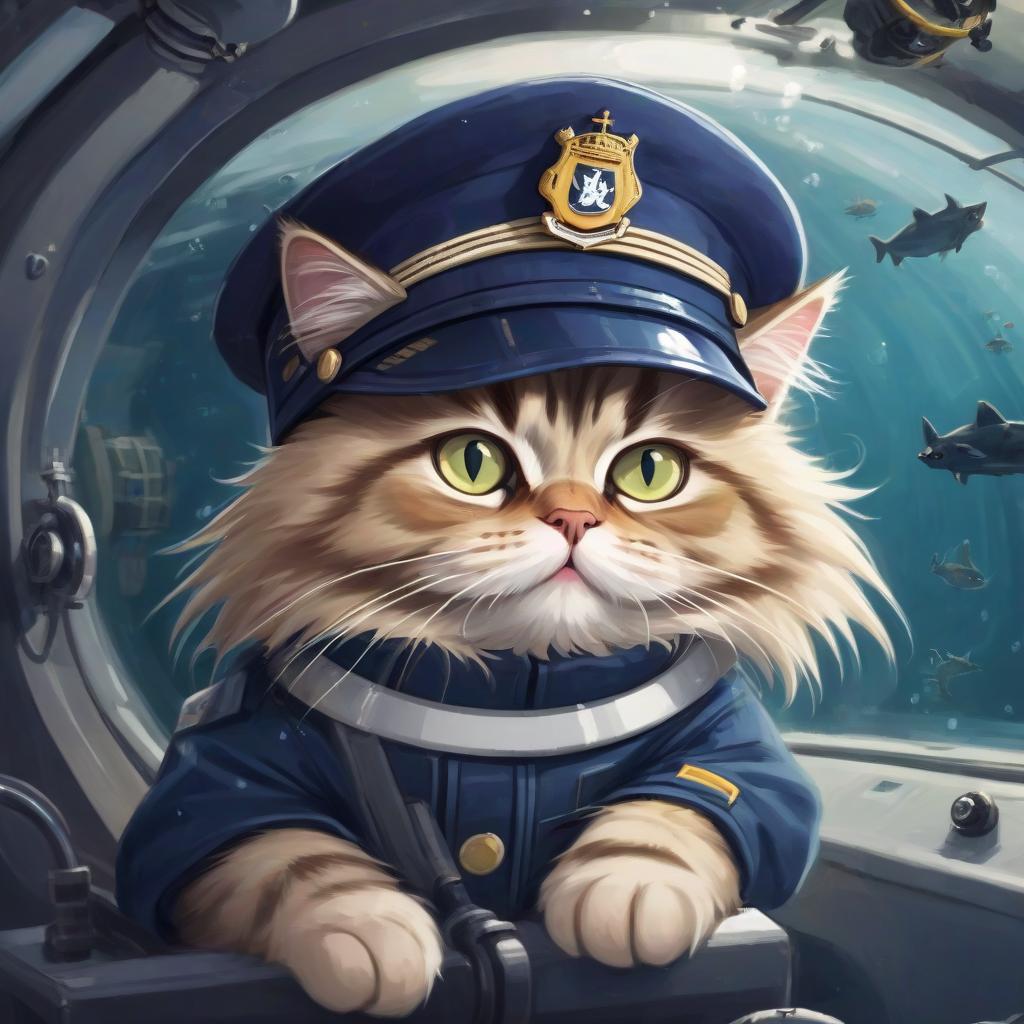  siberian cat in a cap in a submarine