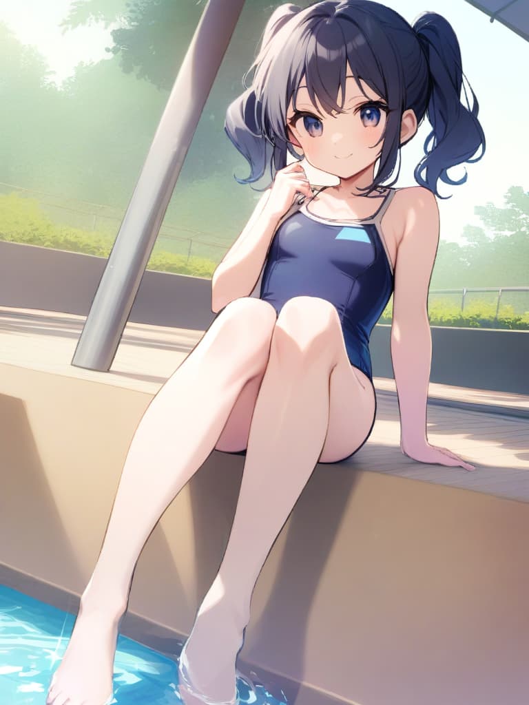  women's elementary students, twin tails, rich smiles, cute smiles, navy blue swimwear, old swimwear, swimwear, simple, male, shaped clear , shaped clear, clear stem, shaped crisp, male bulge,, front. the whole body, pool side,