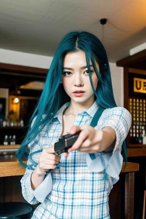  half chinese russian , blue hair, green eyes, white skin, wearing a blue dress. a gun was pointed at the head of a young japanese man with long white hair and a plaid shirt. there\'s cigarette smoke in the old wooden pub., advertising photo,high quality, good proportion, masterpiece , the image is captured with an 8k camera