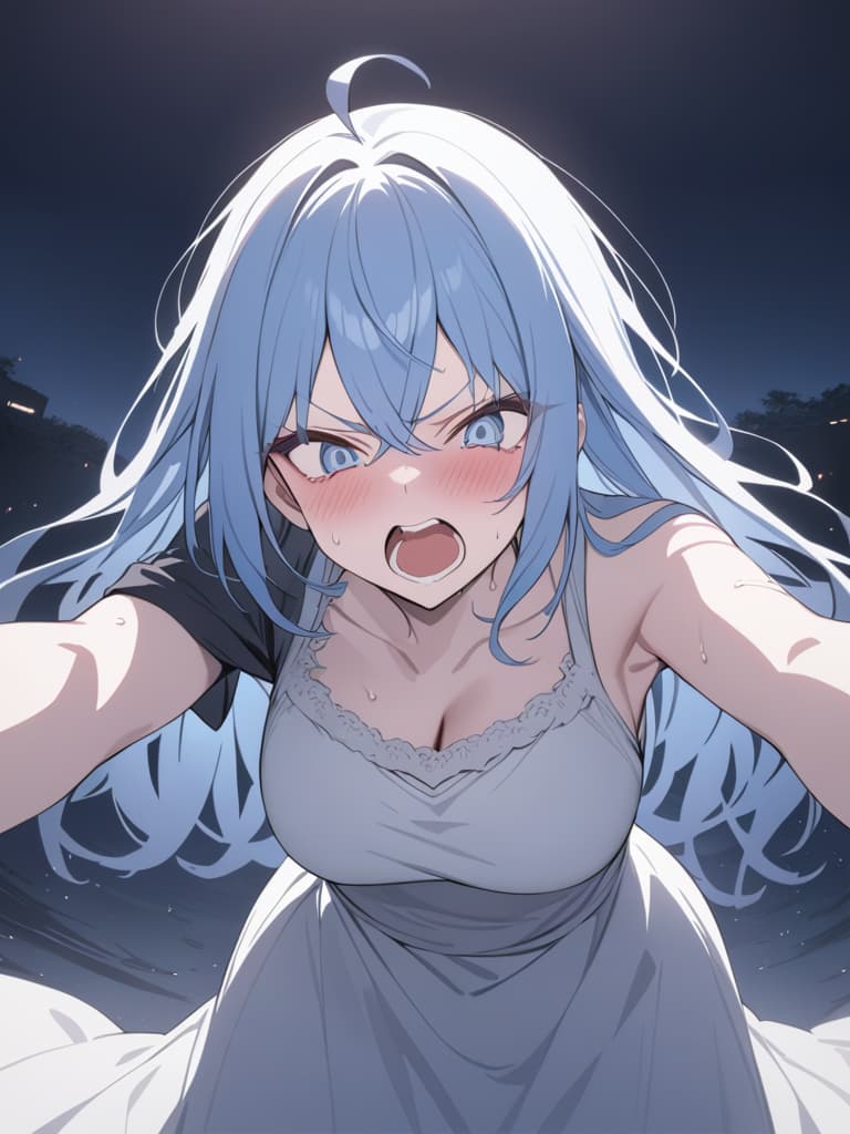  light blue hair, light blue eye, bob hair, darkness, hatred, angry crying, night, the end of the world, the edge of despair, shouting, masterpiece, best quality,8k,ultra detailed,high resolution,an extremely delicate and beautiful,hyper detail