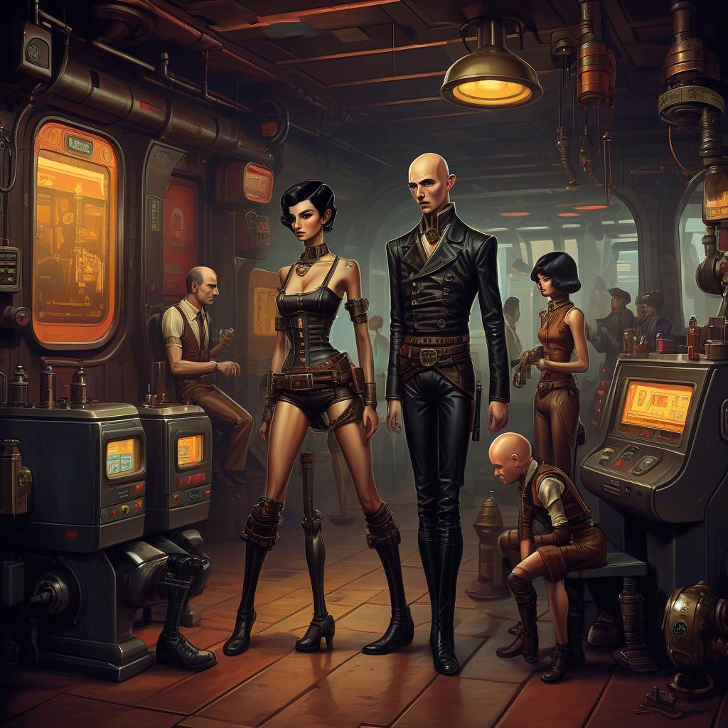  retro game art a group of smugglers, a potty man, 40 year, small, bald, black. a young , 20 year, medium sized s, graceful thin waist, long slender legs, black hair, droid, minotaur. full length image, steampunk, dieselpunk, paropunk, stand in a futuristic tavern. . 16 bit, vint colors, pixelated, nostalgic, charming, fun