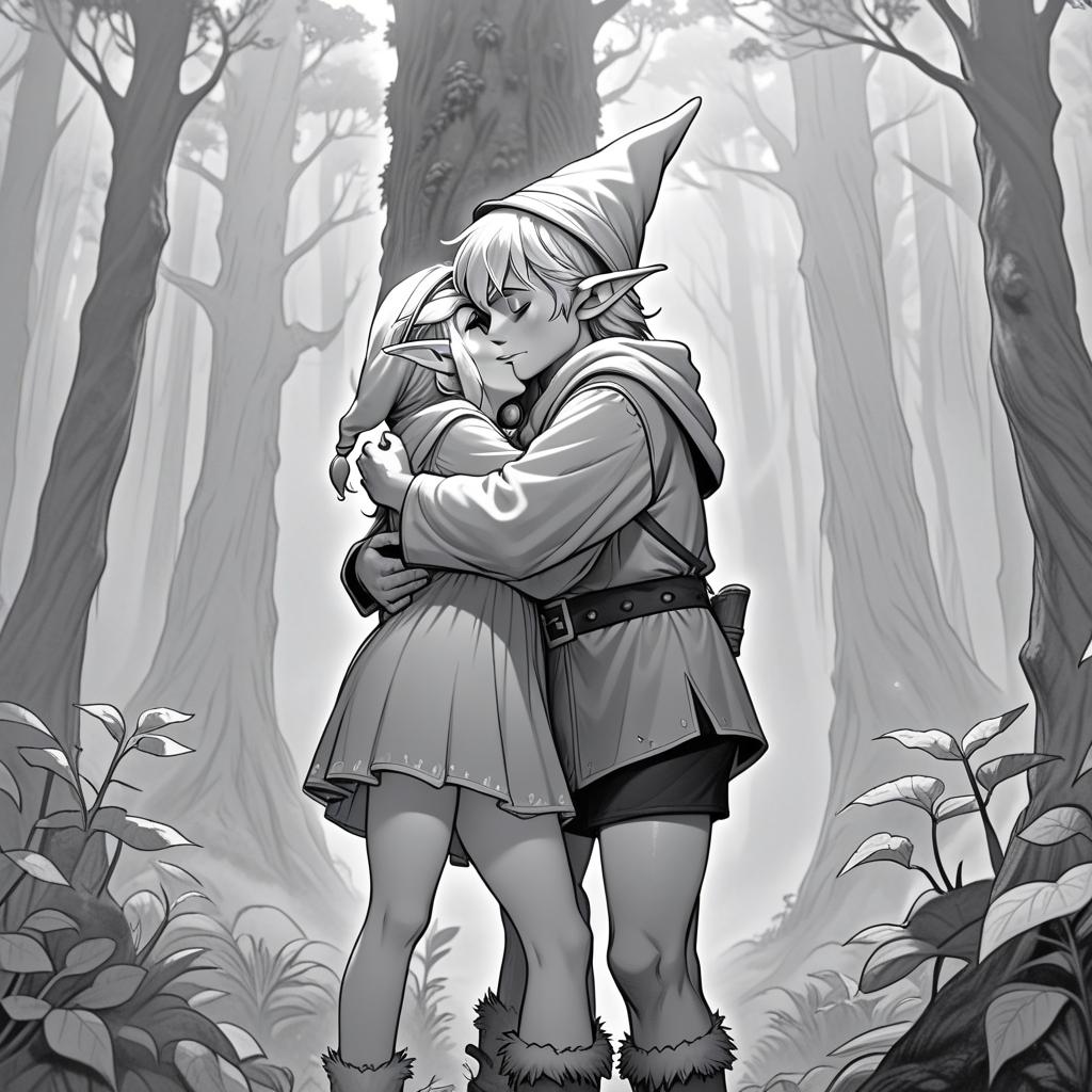  manga artwork fantasy, greyscale monochrome, manga materials, young female elf hugging elder gnome with conus hat in the middle of misty forest, frontal perspective, middle horison point, fullsize body view, legs. manga artist. manga, highly emotional. best quality, high resolution