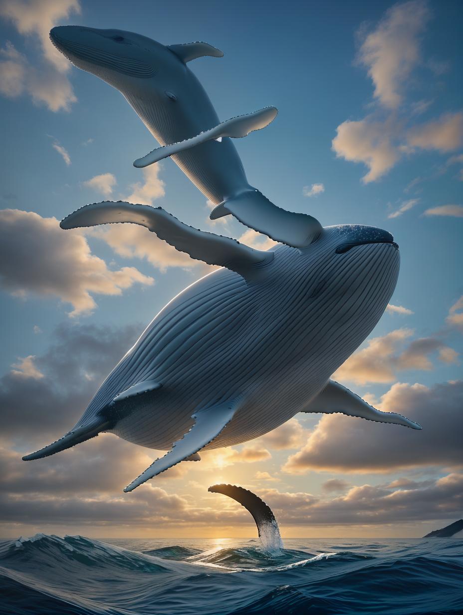  create a hyper realistic image of a majestic whale soaring gracefully above a serene, crystal clear sea. the whale's body is arched as it glides through the air, with its tail fin elegantly curved. on the whale's back, a young with blond hair and striking green eyes sits confidently, his hands gently resting on the whale's smooth skin. the 's face is filled with wonder and excitement, his eyes wide open as he gazes at the expansive horizon. the whale's eye is also visible, reflecting a sense of calm and wisdom. the scene is ed in a soft, golden light, casting a warm glow over the whale and the . the focus is on their faces, capturing the connection between the two as they embark on this magical journey. hyperrealistic, full body, detailed clothing, highly detailed, cinematic lighting, stunningly beautiful, intricate, sharp focus, f/1. 8, 85mm, (centered image composition), (professionally color graded), ((bright soft diffused light)), volumetric fog, trending on instagram, trending on tumblr, HDR 4K, 8K