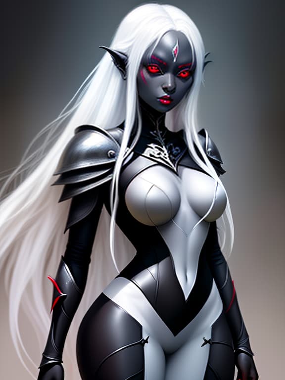  young beautiful drow woman. long white hair, white eyebrows, red eyes, black skin. tracker, dnd character. aristocratic facial features. dressed in light black leather armor. two daggers. in full growth.