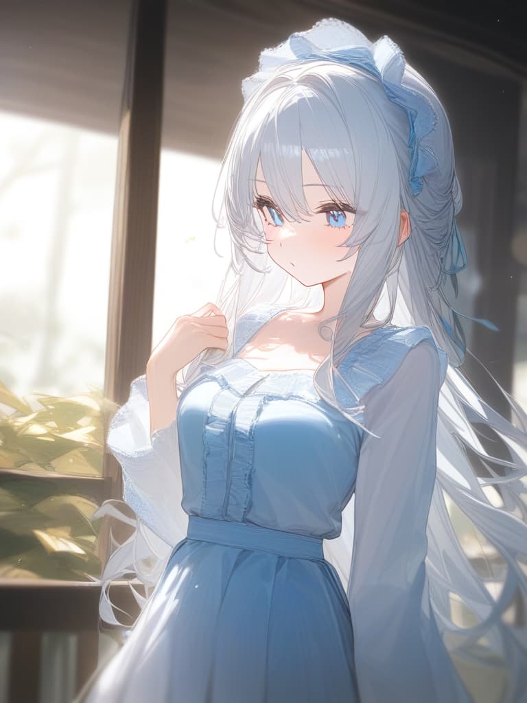  girls, white skin, white hair, long hair, light blue gradation hair color, light blue eyes, headdress, frill, short yukata, masterpiece, best quality,8k,ultra detailed,high resolution,an extremely delicate and beautiful,hyper detail