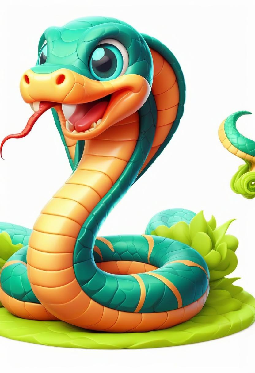  sweet kind cartoon character in the form of a curled snake of green color with detailed scaly skin, 3d in full growth on a white background in a santa cap