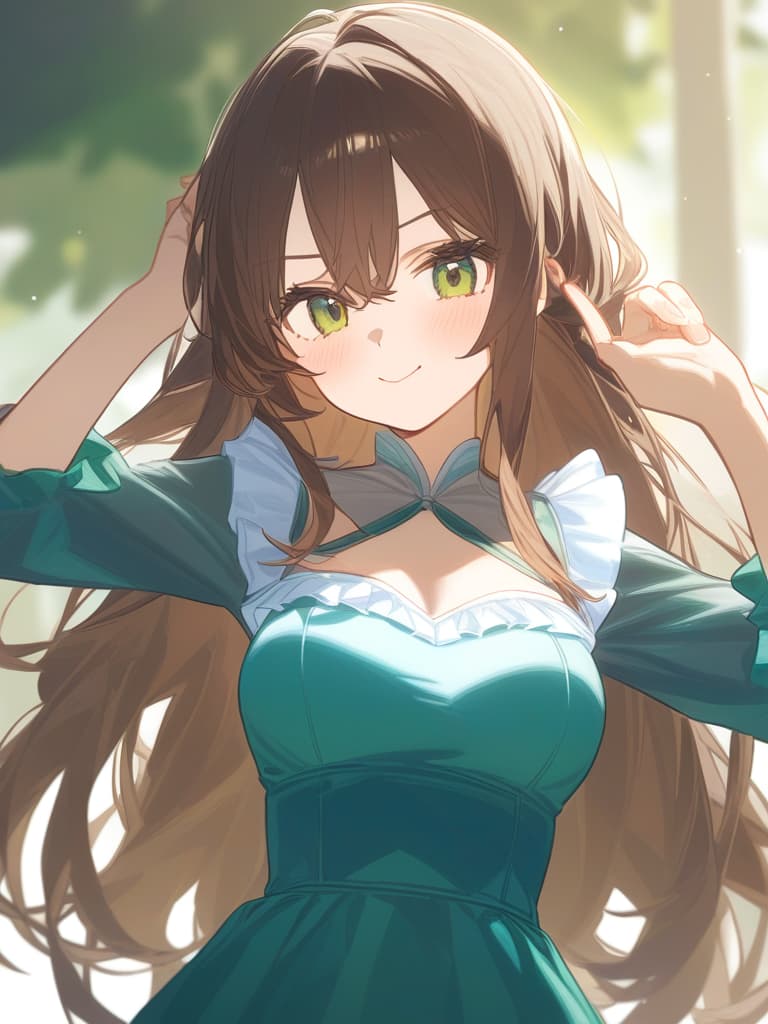  cute face focus,cute,brown hair,green eyes,y posing,frill onepiece,long hair