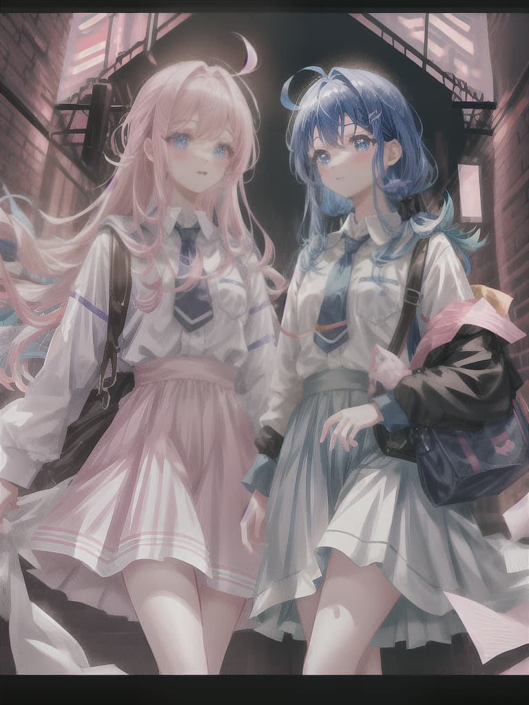  2girl,best quality,best quality,official art,extremely detailed cg unity 8k wallpaper,short hair,long hair,bishoujo,idol,yuri,masterpiece,blue hair,pink hair,parted bangs,blush,thighhighs,necktie,3/4 body,masterpiece, of the best quality, ultra detailed, illustrated, featuring two girls with blue eyes, short blue hair and pink eyes, and long pink hair. hyperrealistic, full body, detailed clothing, highly detailed, cinematic lighting, stunningly beautiful, intricate, sharp focus, f/1. 8, 85mm, (centered image composition), (professionally color graded), ((bright soft diffused light)), volumetric fog, trending on instagram, trending on tumblr, HDR 4K, 8K