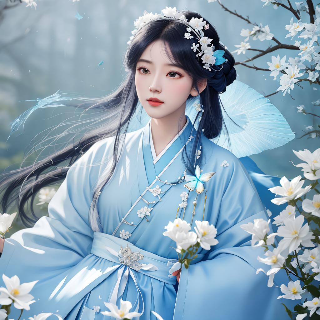  masterpiece, best quality, (Fidelity: 1.4), Best Quality, Masterpiece, Ultra High Resolution, Poster, Fantasy Art, Very Detailed Faces, 8k resolution, Chinese Style, An woman, Side Face, Quiet, Light Blue Hanfu, Tulle Coat, Long Black Hair, Light Blue Fringed Hair Ornament, Hairpin, White Ribbon, White Flower Bush, Light Blue Butterfly Flying, cinematic lighting effects