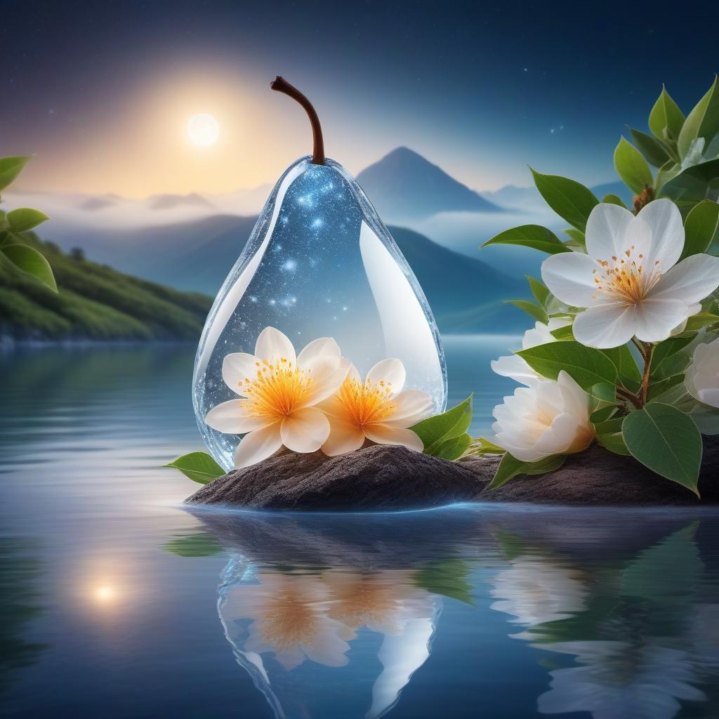  Crystal transparent pear , clear contours of a pear , glowing beautiful flowers inside a pear , pollination on flowers , bright night , sea , yacht , mountains , butterflies , moon , light shining fog , distant future 20000 , very high detail , 30000K quality