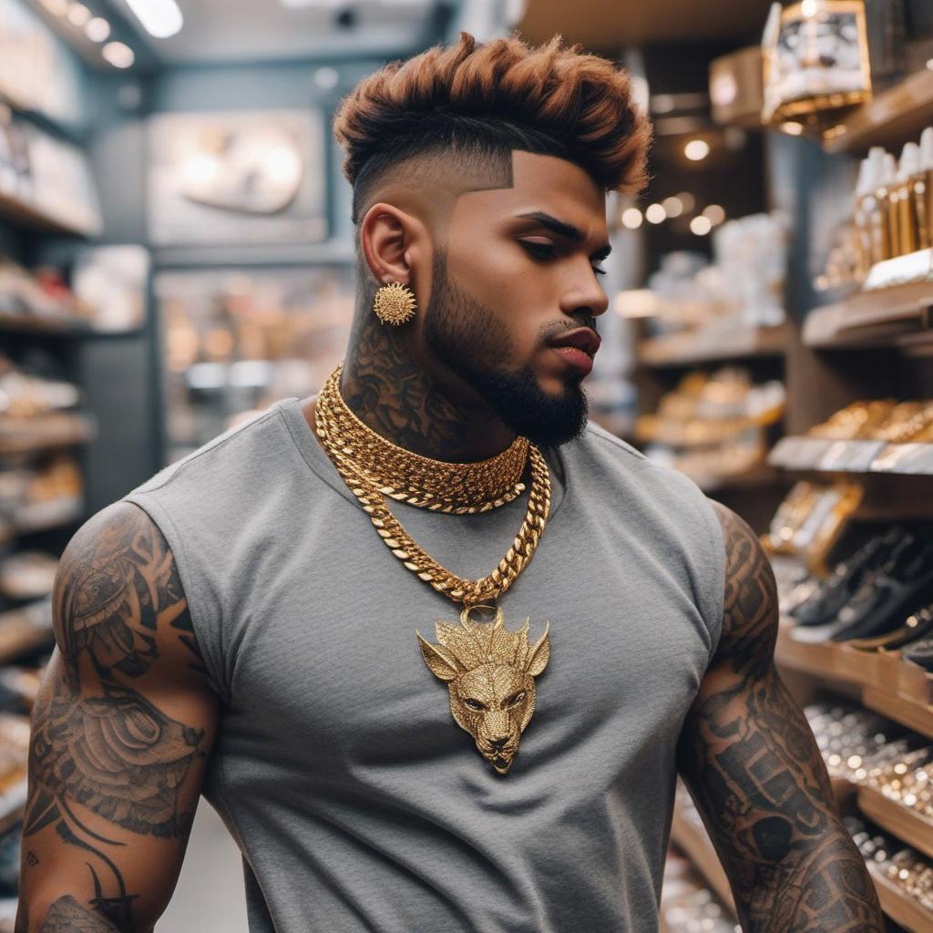  a realistic photo of a brown skin guy with a fade, gold grill in mouth, a necklace dat says “eki”, full body tattoos, diamond earrings, at the store, profile image style