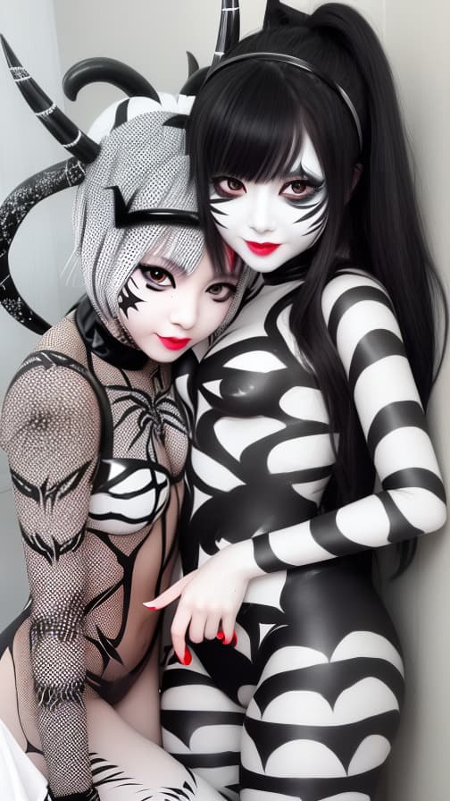  Black and White Spider-patterned body paint in every corner of the whole body, full-body, White body paint,Silver face paint on the face,Two succubuses 女の子